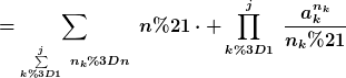 [latex]=\sum_{\sum\limits_{k=1}^j~n_k=n}~n!\cdot \prod_{k=1}^j~\frac{a_k^{n_k}}{n_k!}[/latex]