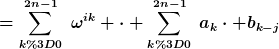 [latex]=\sum_{k=0}^{2n-1}~\omega^{ik} \cdot \sum_{k=0}^{2n-1}~a_k\cdot b_{k-j}[/latex]