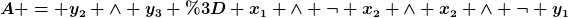 [latex]A = y_2 \wedge y_3 = x_1 \wedge \neg x_2 \wedge x_2 \wedge \neg y_1[/latex]