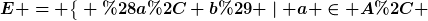 [latex]E = \big\{ (a, b) \mid a \in A, \; b \in B \big\}[/latex]