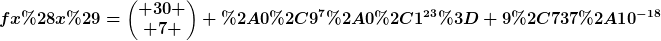[latex]fx(x)=\begin{pmatrix} 30 \\ 7 \end{pmatrix} *0,9^{7}*0,1^{23}= 9,737*10^{-18}[/latex]